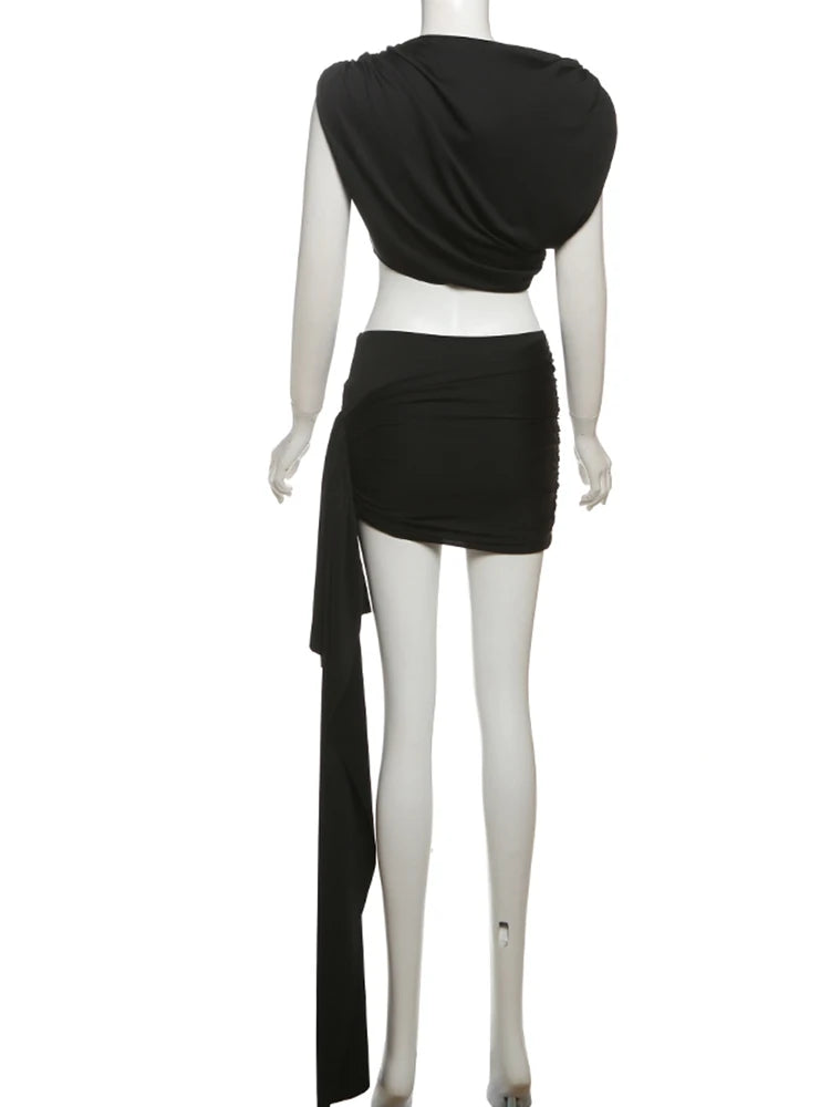Irregular Ruched Two Piece Set Tank Tops+Side Ribbon Skirts Matching Set