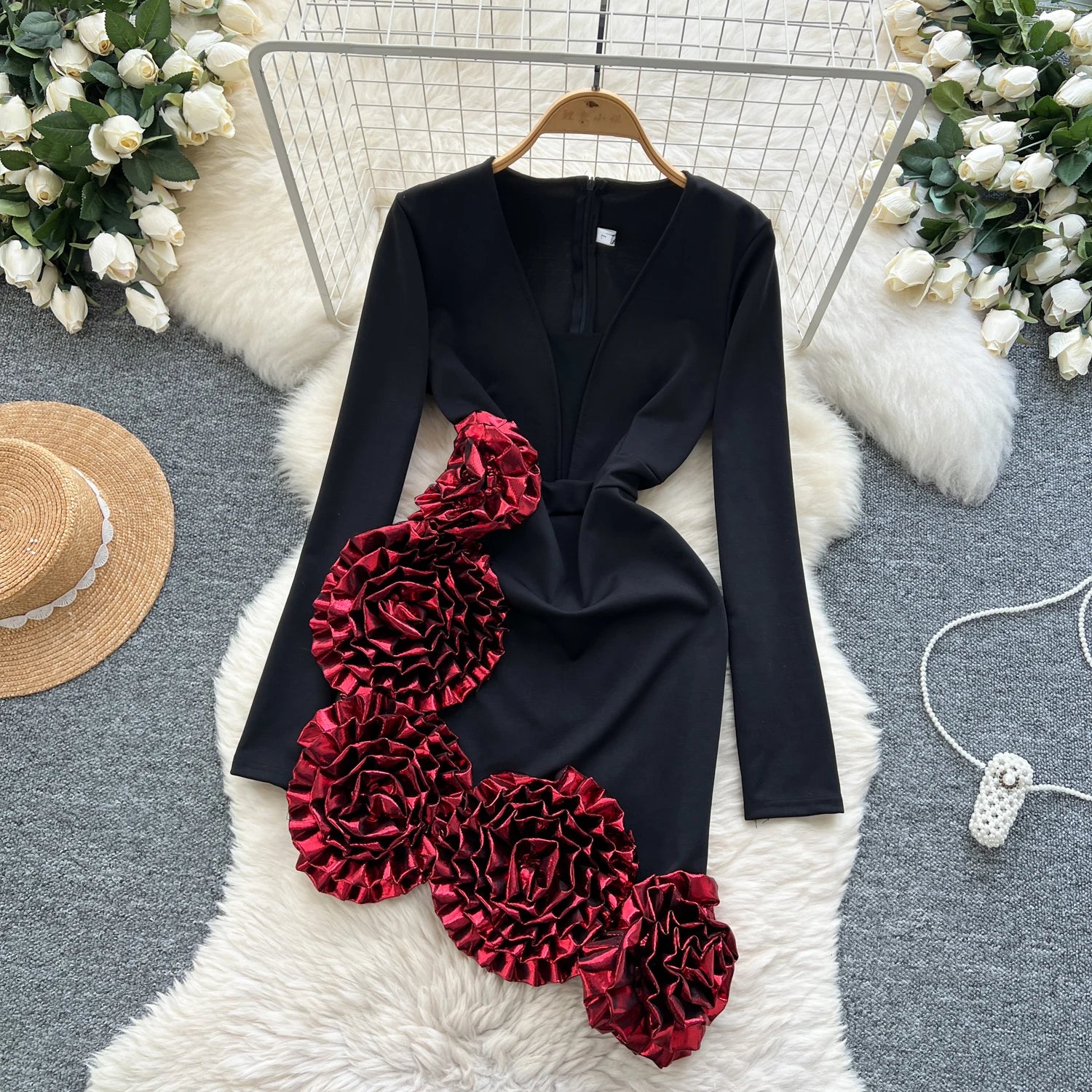 Elegant Three-dimensional floral asymmetrical long sleeve Dress
