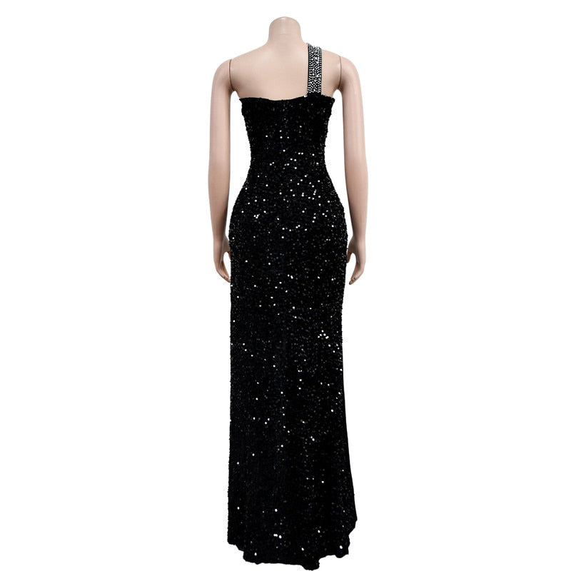 One Shoulder Backless Diamond Sequin Long Bodycon Dress