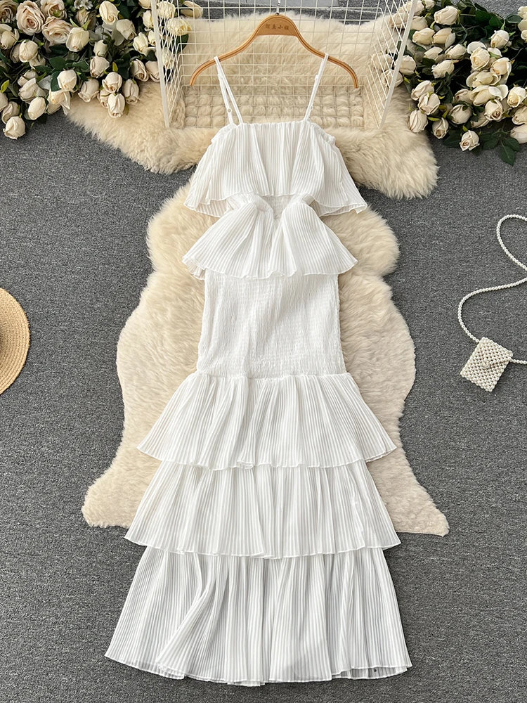 Ruffles Pleated Strapless Sleeveless Slim Dress