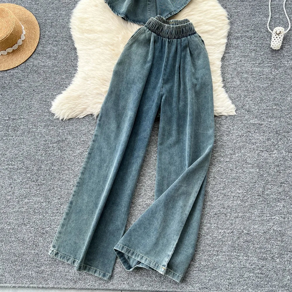 Casual Lace Up Slim Waist Denim Tops High Waist  Trousers Two Piece Set