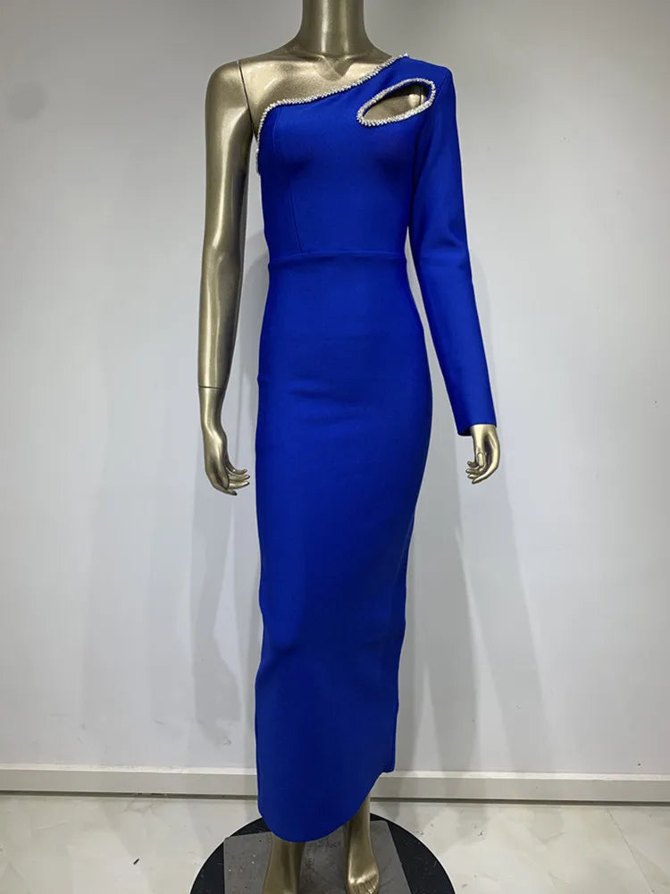 One Shoulder Single Sleeve Blue Diamonds Mid-Calf Bandage Dress