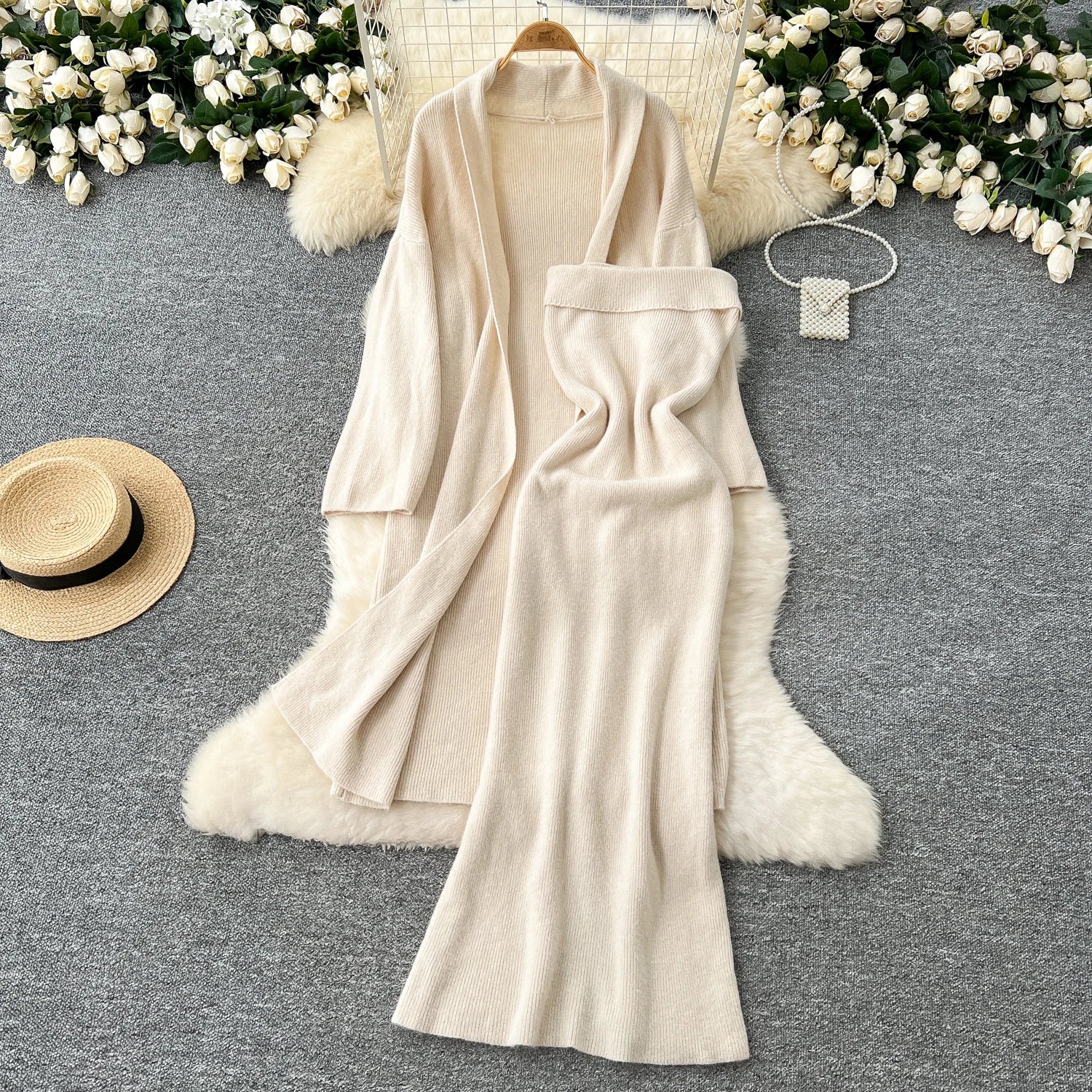 Long Sleeves Oversize Cardigan+Strapless Bodycon Dress Solid Knit 2pcs Sets