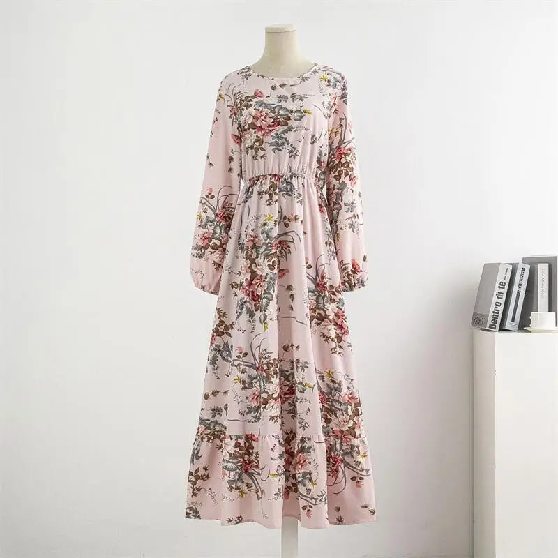 Spring Summer Chiffon Dresses Casual Floral Printed Bark Crinkling Long Dresses