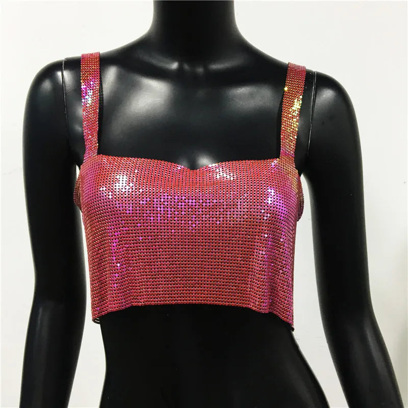 Bling Metallic Sequin Crop Top y2k Backless Straps Cropped Top