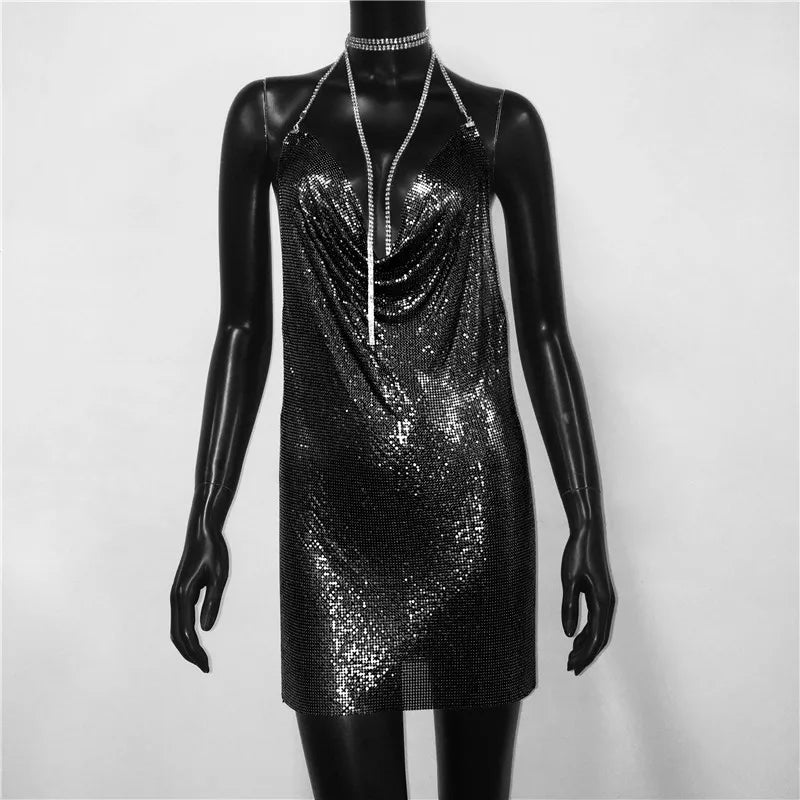 Backless Spaghetti Strap Metal Sequins Low Cut Dress