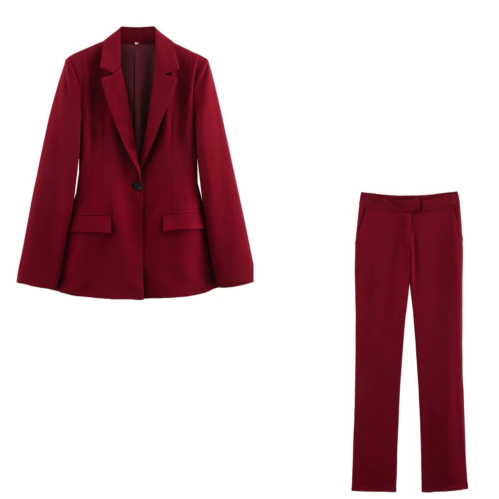 Vintage Chic Office Lady Suit V Neck Blazer Straight Loose Pants Set