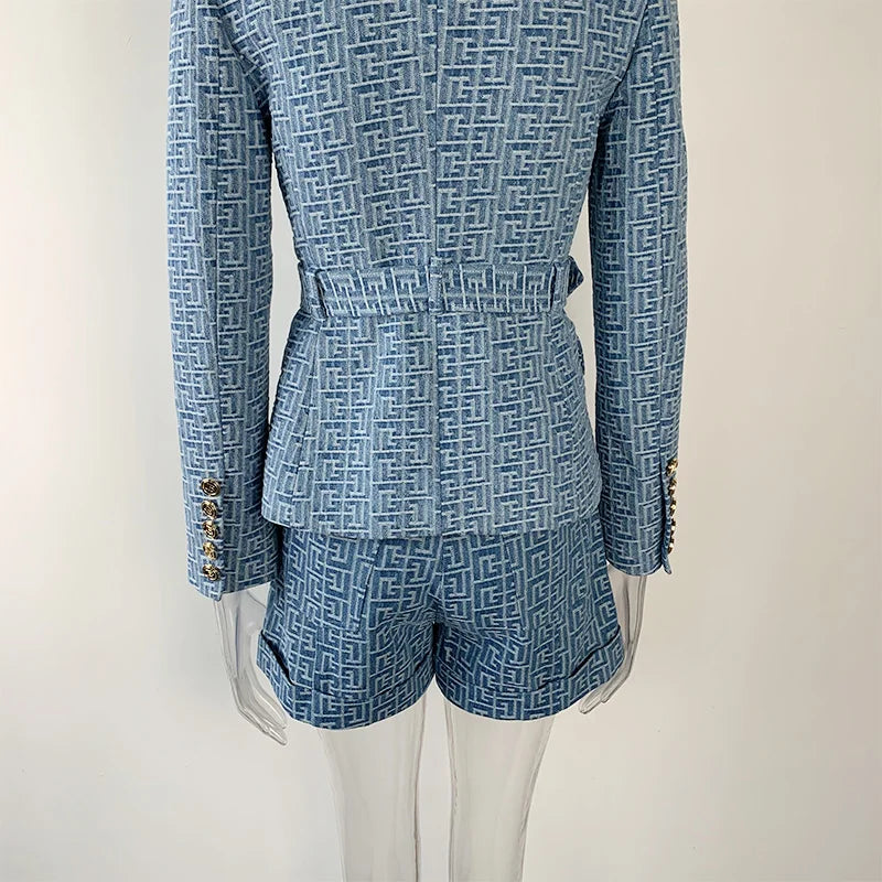 Matching 2 Pieces Washed Denim Jacquard Fabric Belt Blazer Shorts Pants Sets