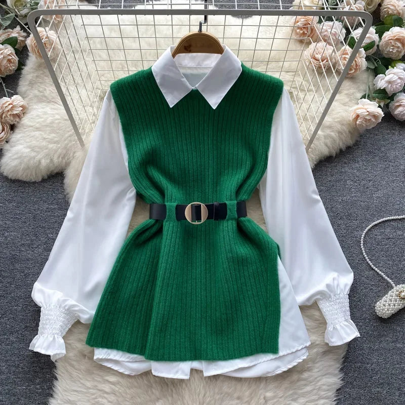 Luxury Style Loose-fit Long Sleeve White Shirt Side Slit Knit Vest 2-piece Set