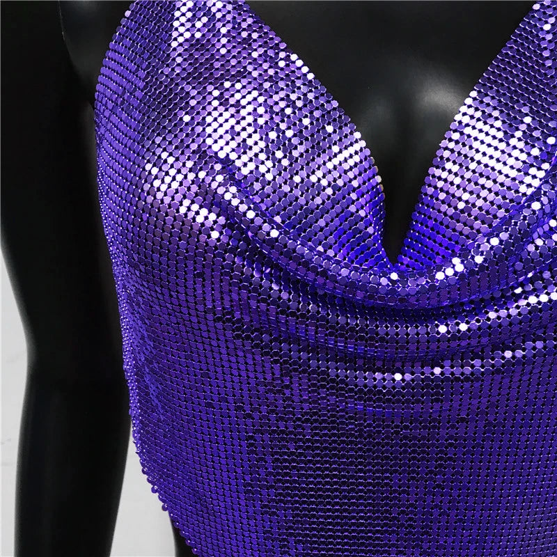 Metal Sequins 2 Piece Set Backless Halter Tank Tops Split Mini Skirts