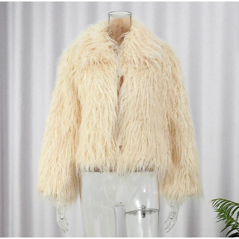 Lapel Full Sleeves Thick Plush Faux Fur Short Coats Jacket