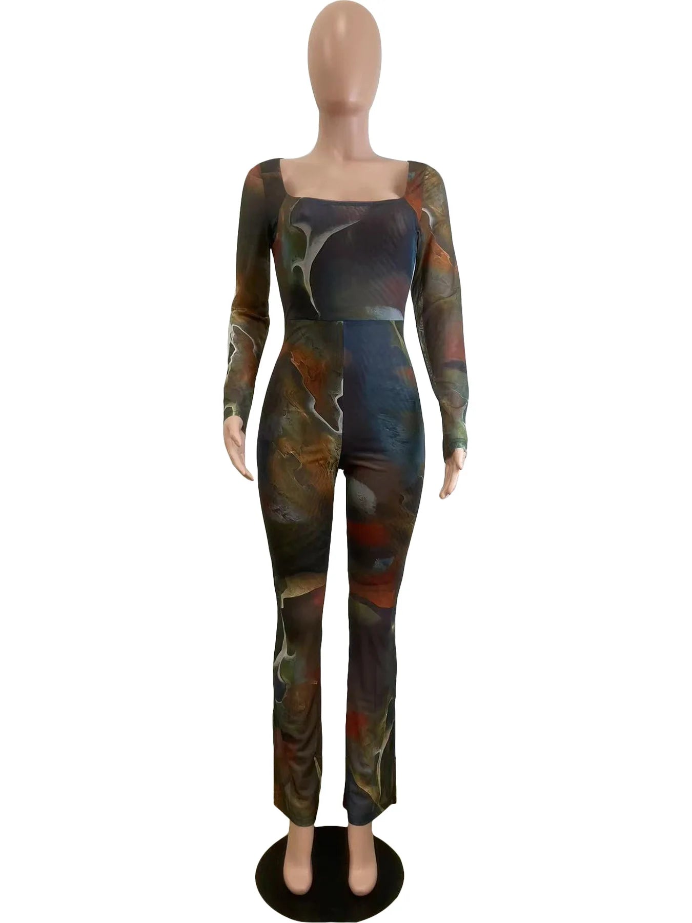 Tie Dye Print Mesh Long Sleeve Bodycon Overalls Jum[psuit