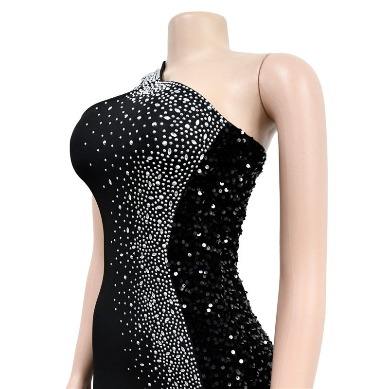 One Shoulder Backless Diamond Sequin Long Bodycon Dress