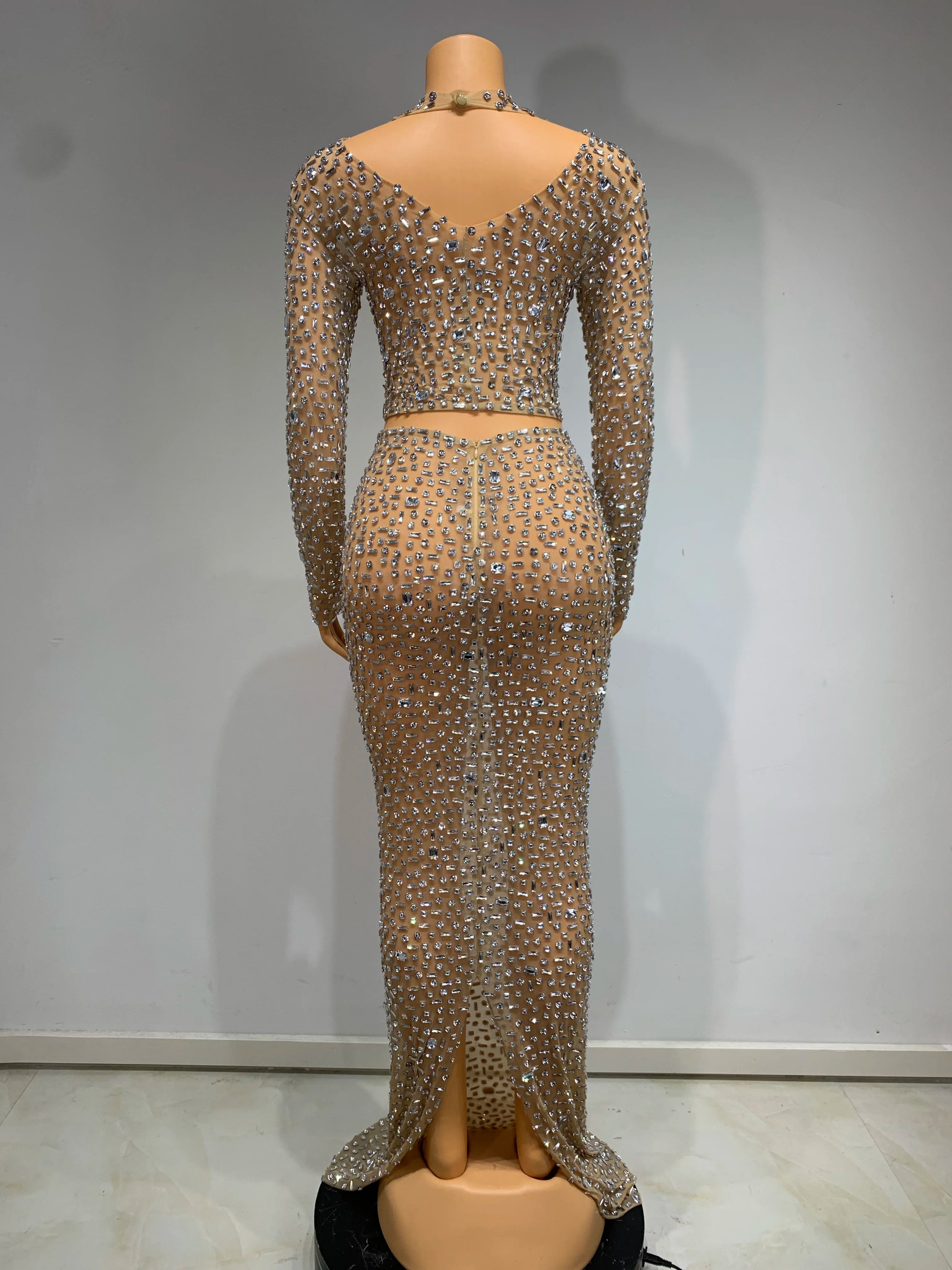 Long Sleeves Top Long Skirt Rhinestone Two Piece Set