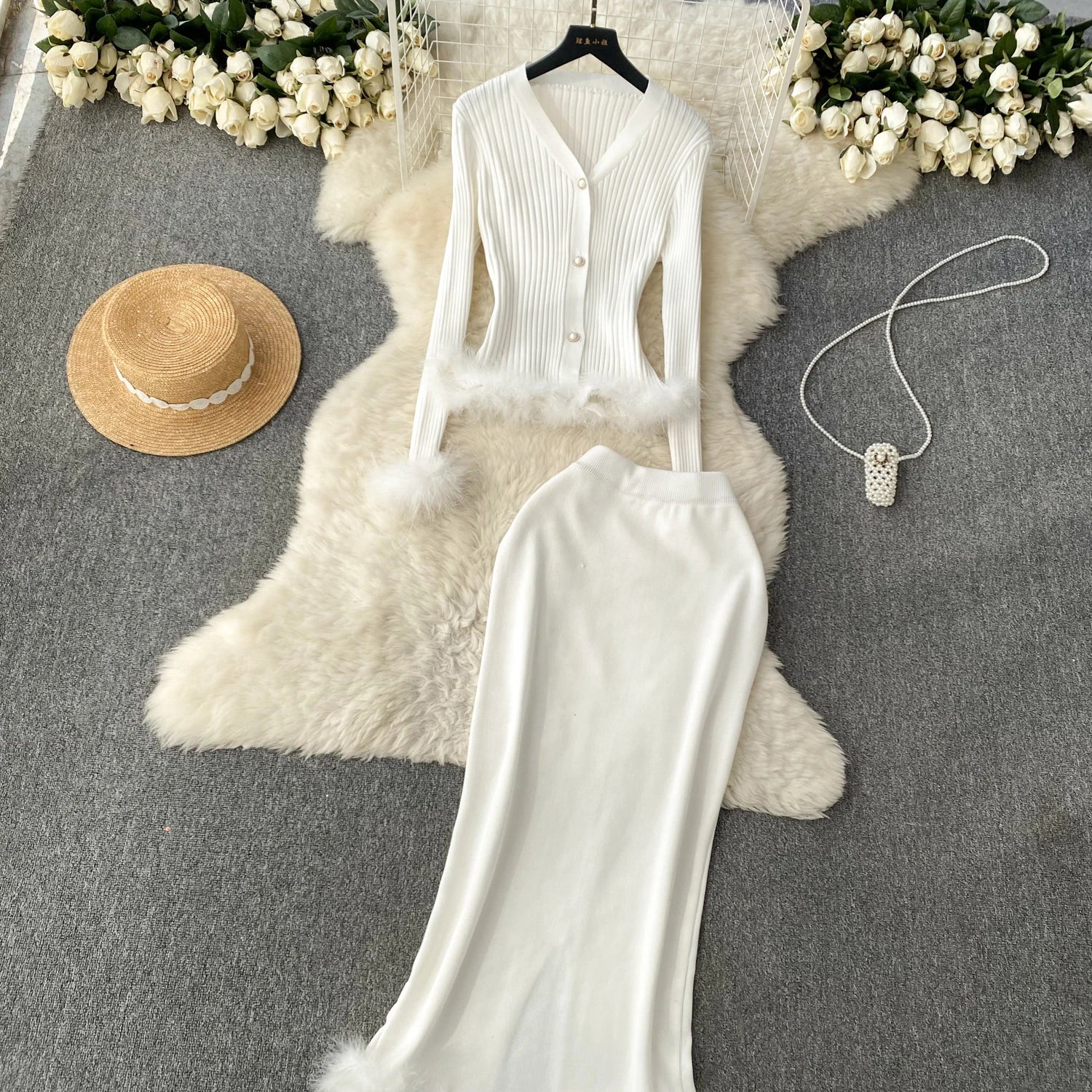 French Style Cardigan+Bodycon Skirt Knit 2pcs Sets