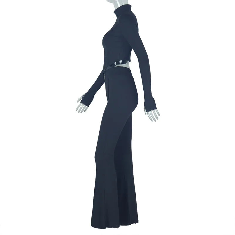2-Piece Set Half-High Neck Irregular Hem Zip Long Sleeves Tops & Flare Trousers Casual Suits