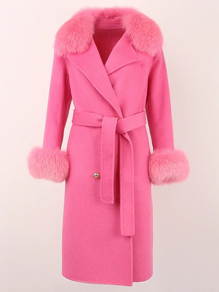 Real Fur Natural Wool Blends Cashmere Double Breasted Belt Warm Coat