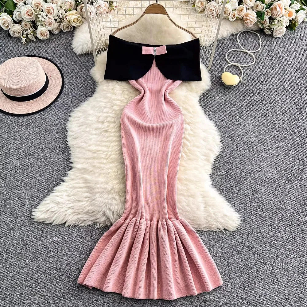 Elegant Slash Neck Mermaid Knit Bodycon Luxury Dresses
