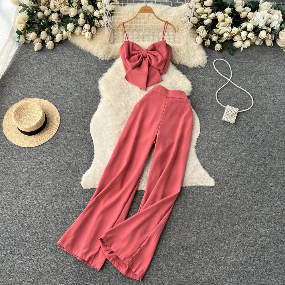 Strap Bow Top Split Casual Pants Two Piece Set