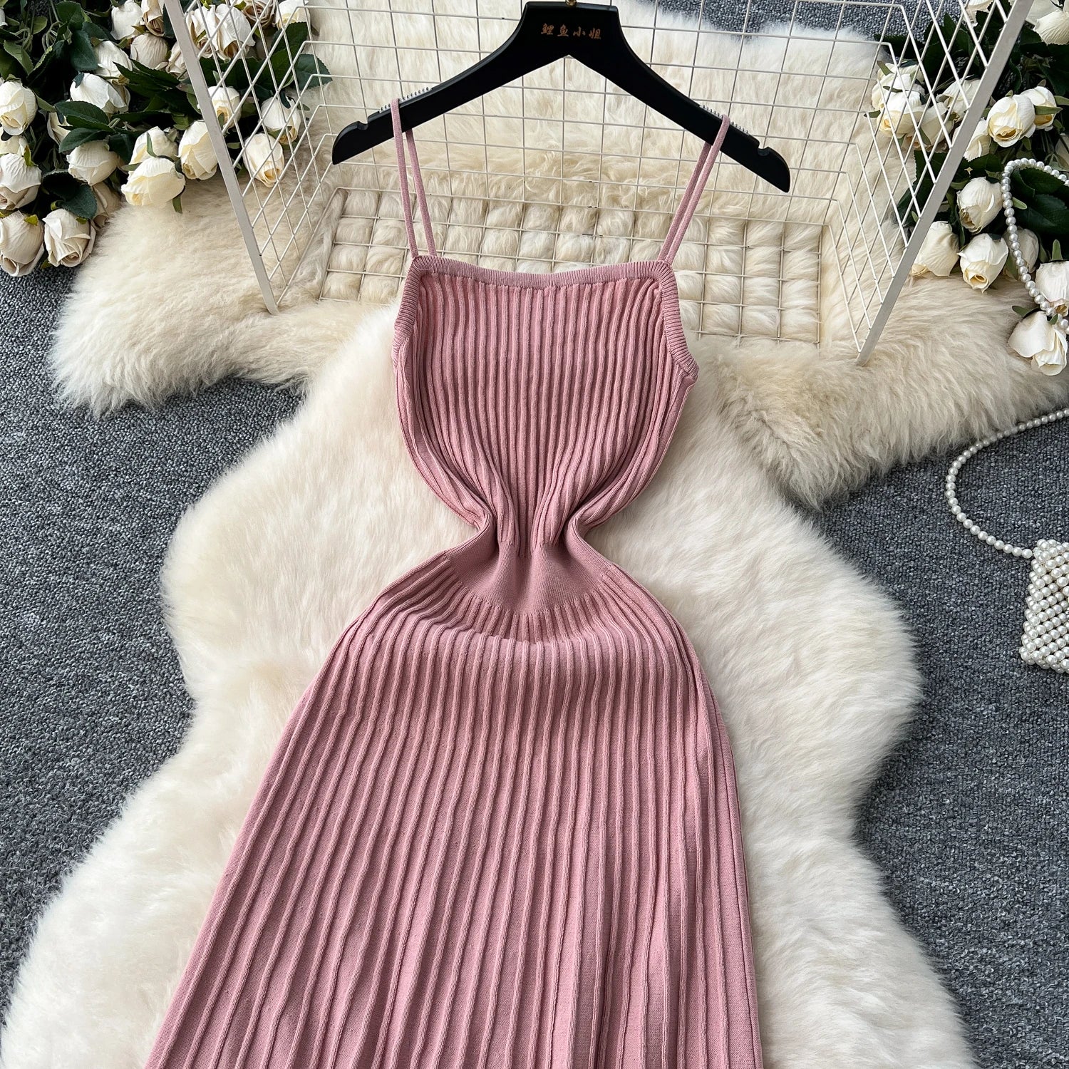 Knit Spaghetti Strap Dress Sleeveless Elastic Waist Slim Long Dress