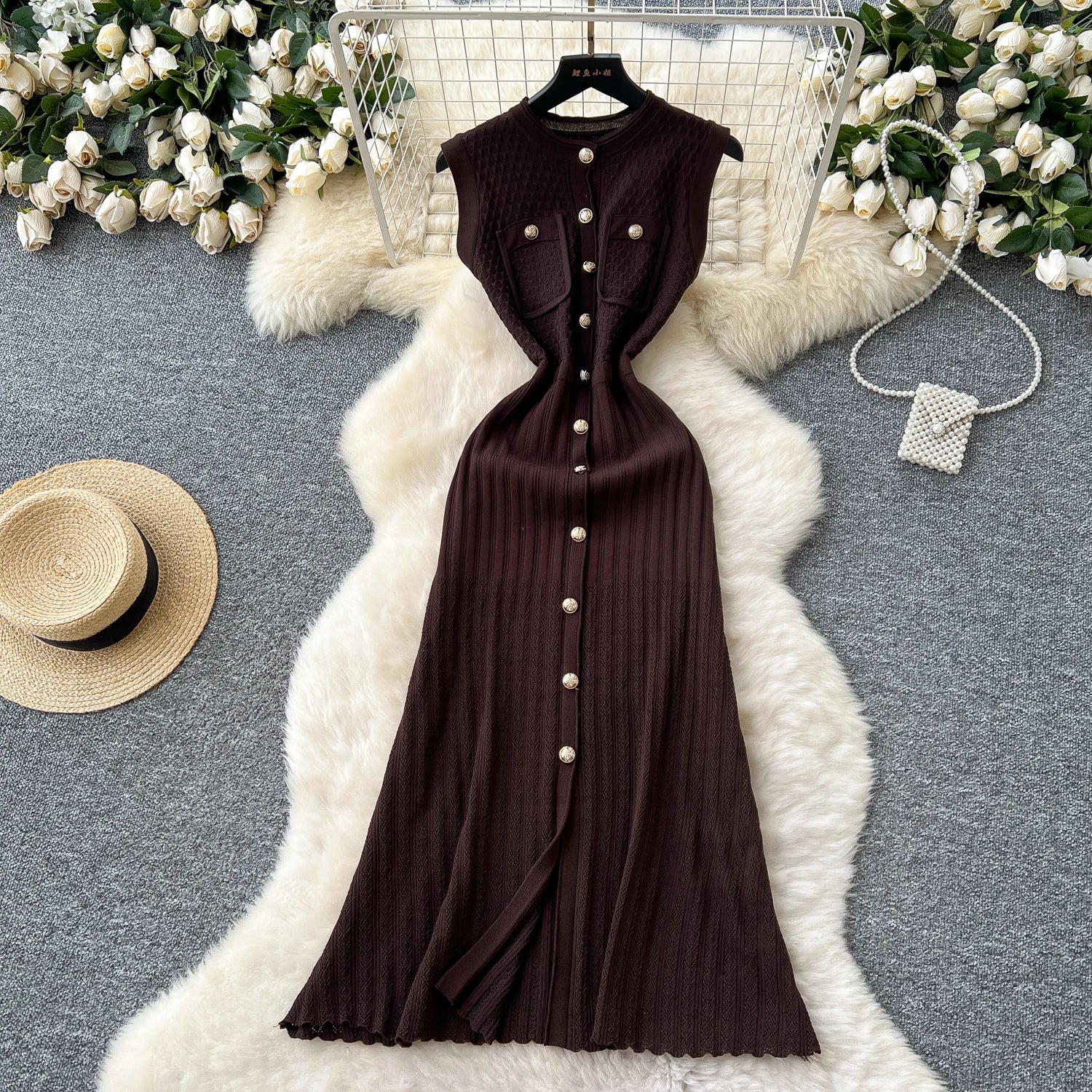 Office Lady Dress O Neck Sleeveless Single Breasted Chic Knitted Dress