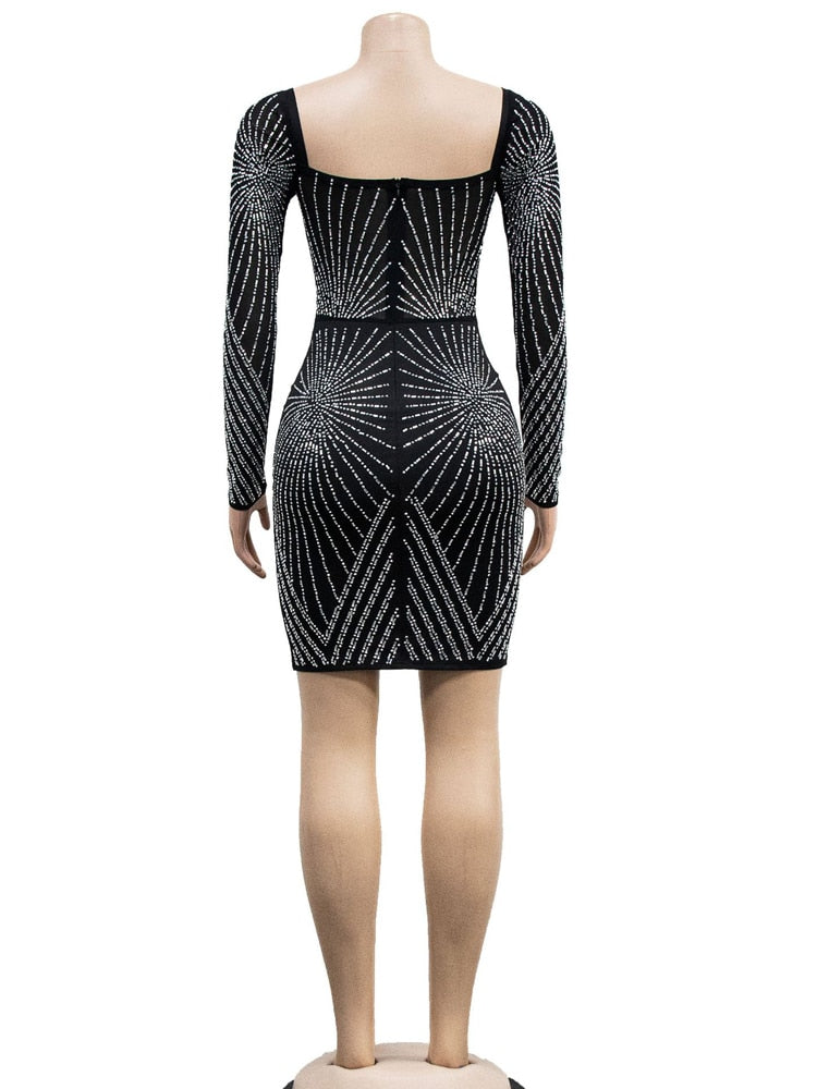 Rhinestone Decor Sheer Mesh Bodycon Dress