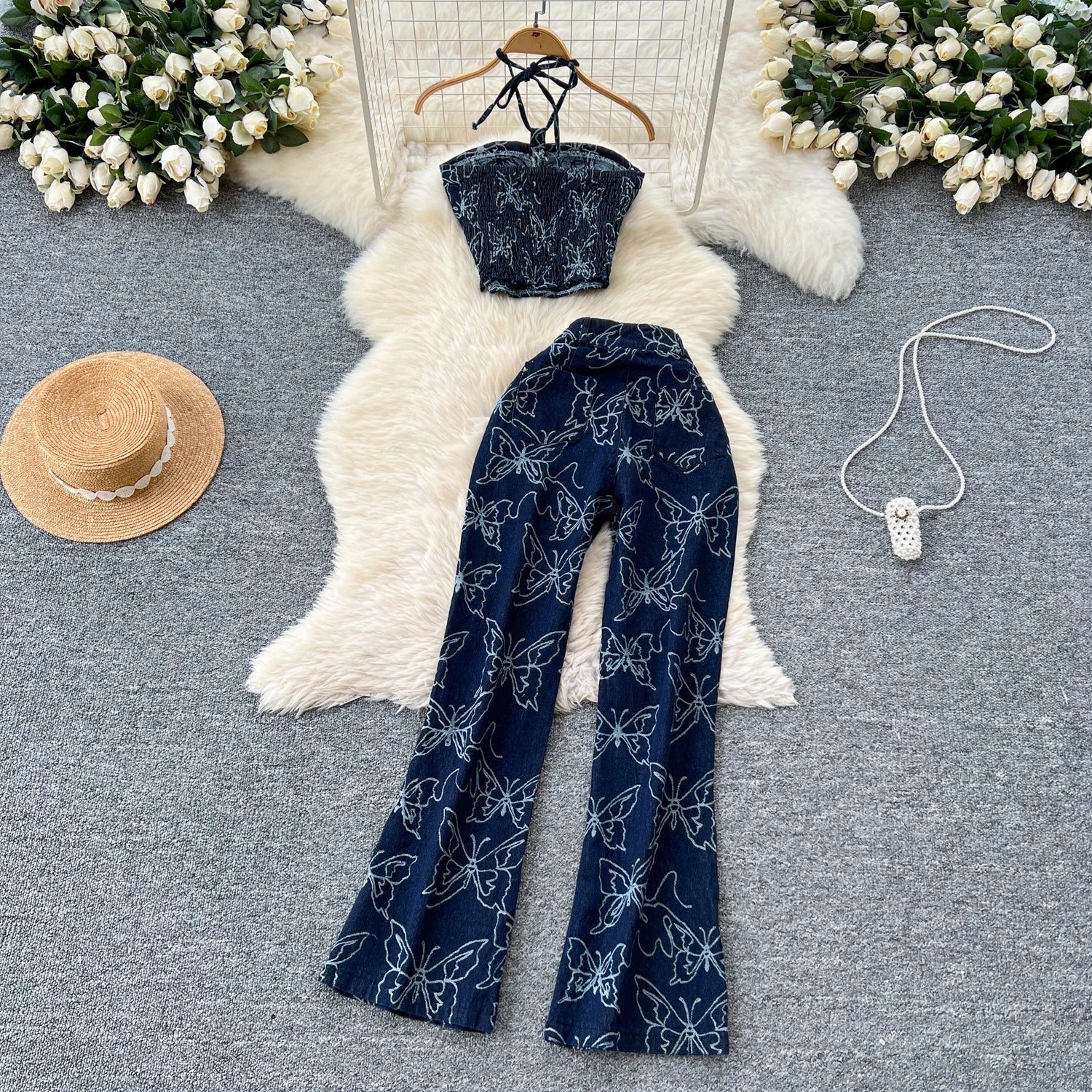 Butterfly Print Denim Two Pieces Sets Halter Strapless Slim Camis+Wide Legs Long Pant Suits
