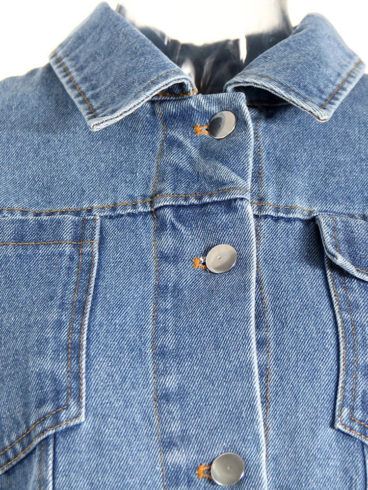 Blue Denim Irregular Big Size Cloak Trench Lapel Long Sleeve Windbreaker