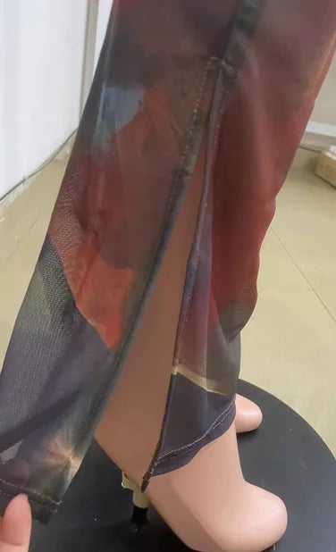 Tie Dye Print Mesh Long Sleeve Bodycon Overalls Jum[psuit