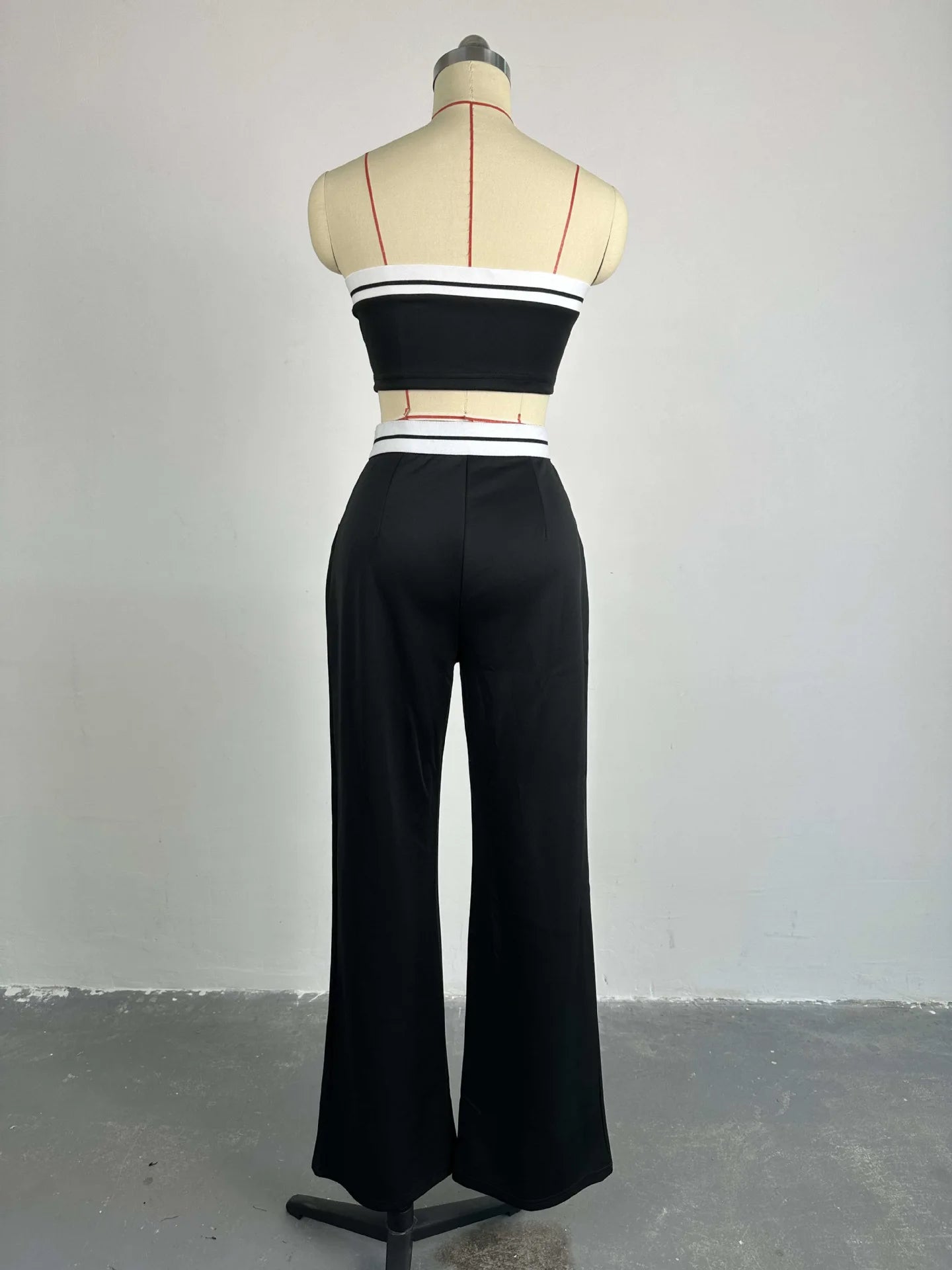 Sports Tube Top+High Waist Wide Leg 2 Piece Pant Suit