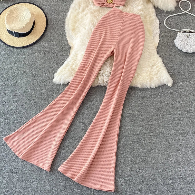 High Waist Long Pants+Short Square Neck Top Two-piece Suit