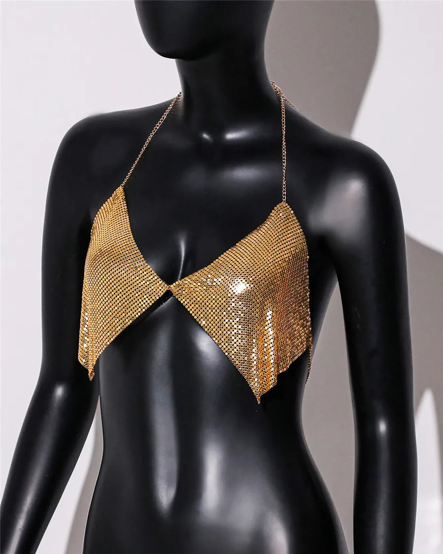 Metal Sequins Backless Halter Crop Top
