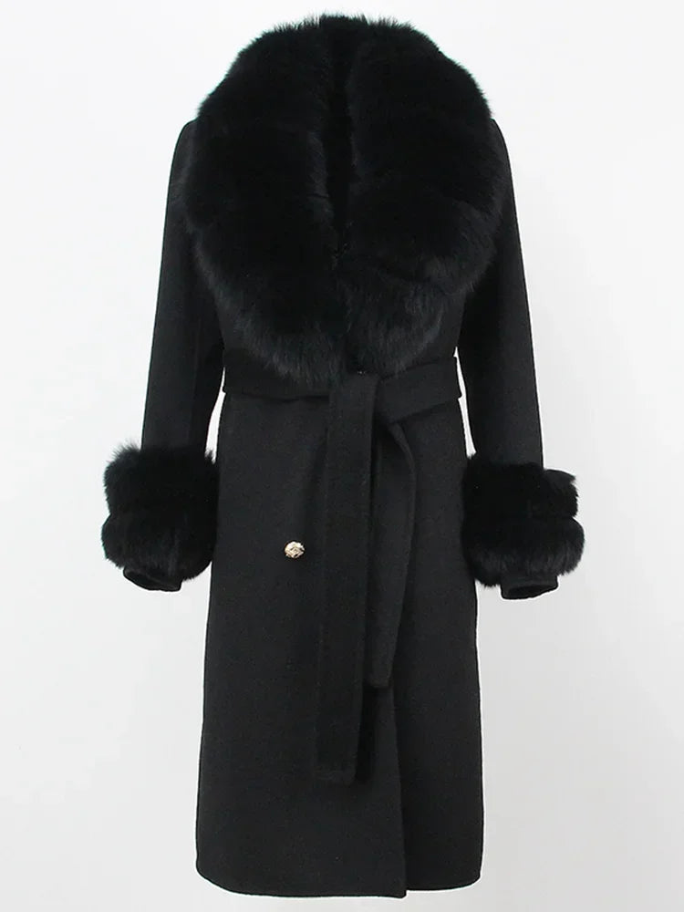 Real Fur Natural Wool Blends Cashmere Double Breasted Belt Warm Coat