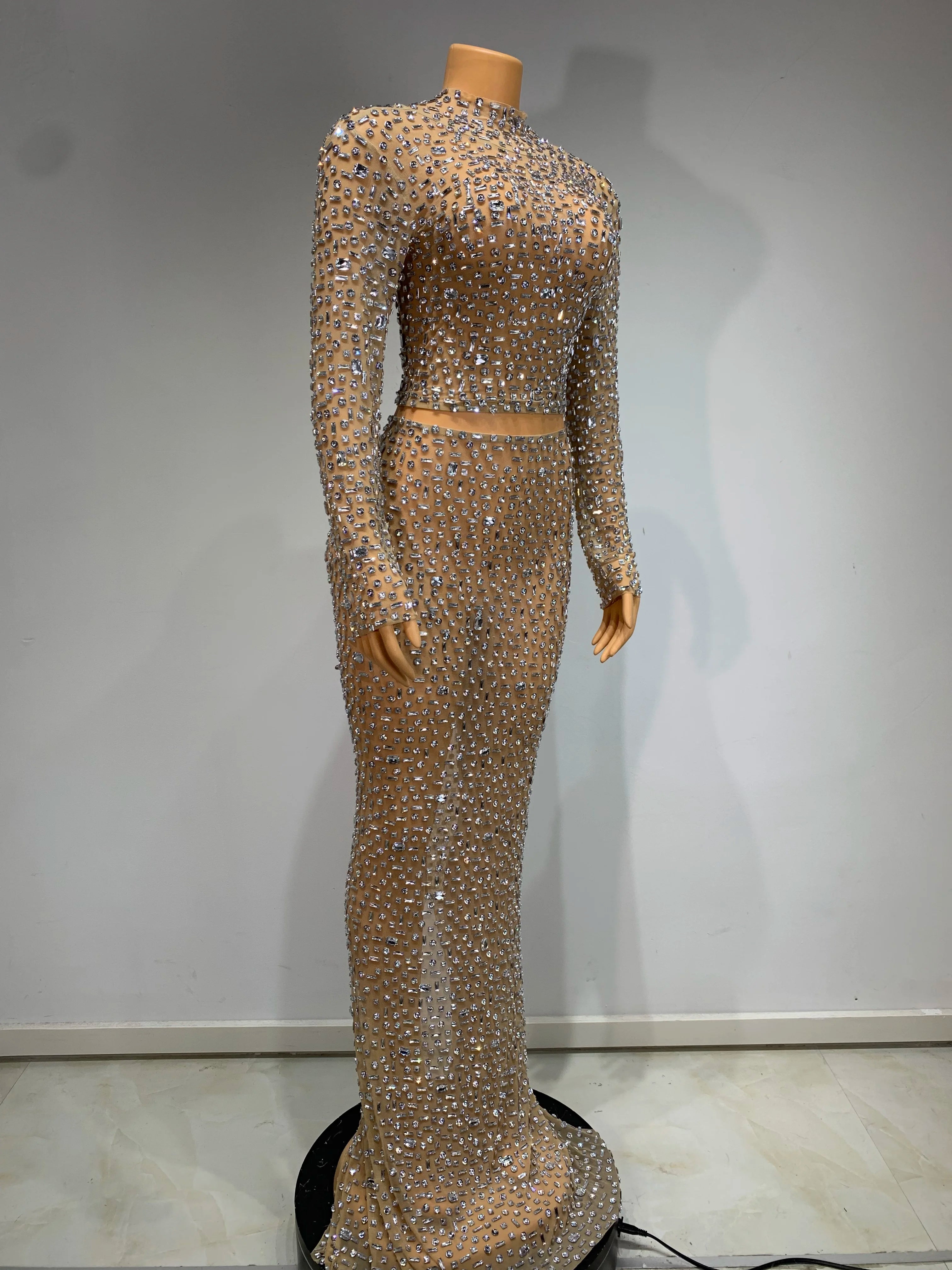 Long Sleeves Top Long Skirt Rhinestone Two Piece Set
