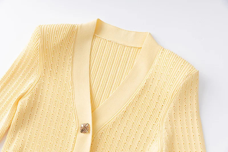 Knitted Elastic Button V-neck Long Sleeved Cardigan Slim Fit Fishtail Skirt Two Piece Set