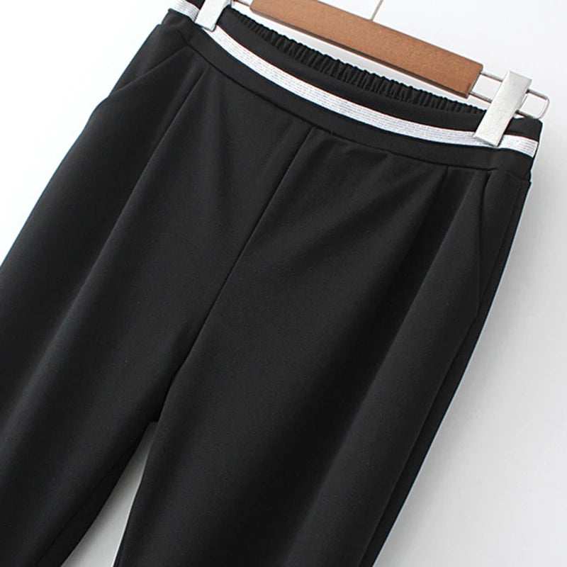 Stripes Elastic Waist Casual Office Lady Calf-Length Trouser