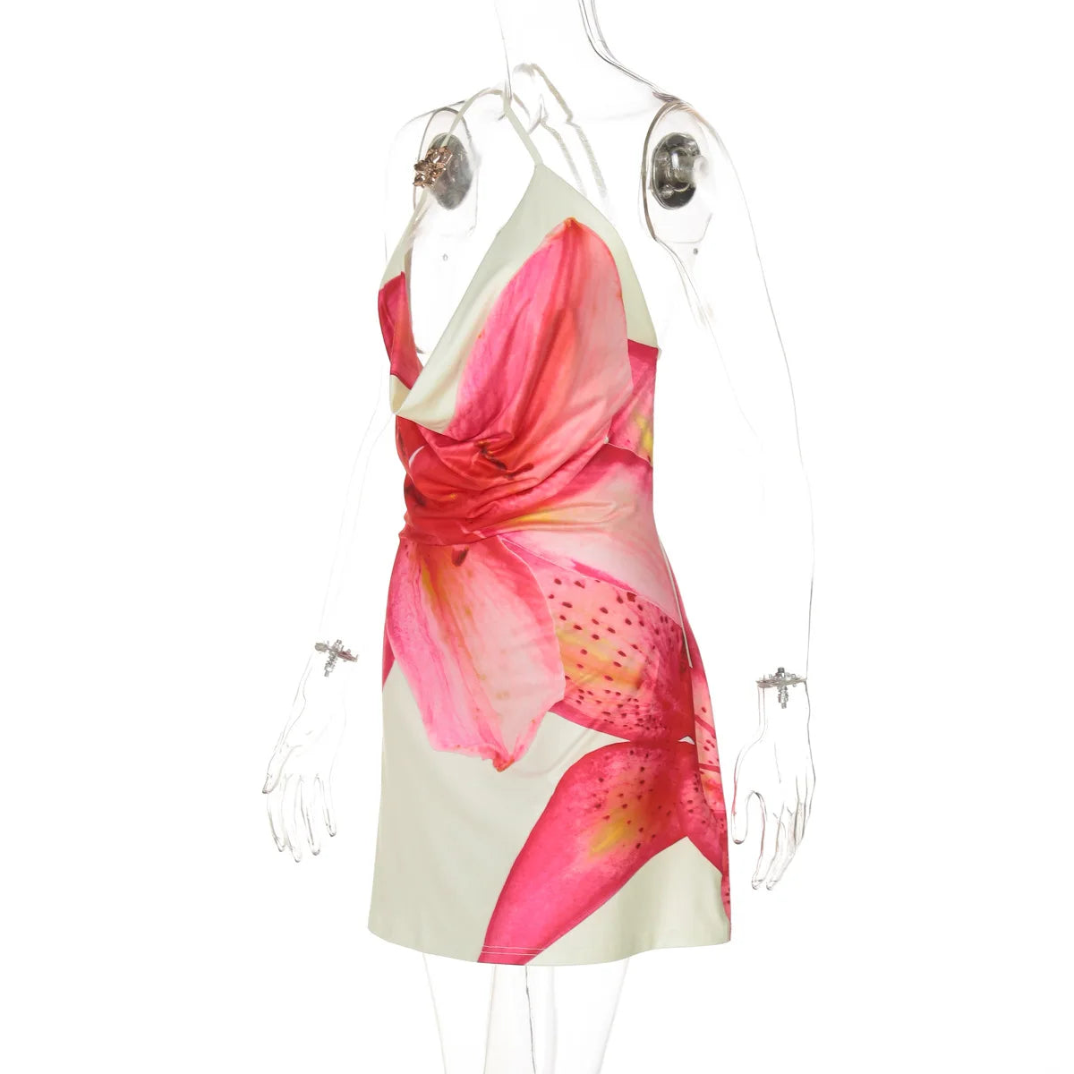 One-shoulder Printed High Waist Draped Swinging Collar Dress