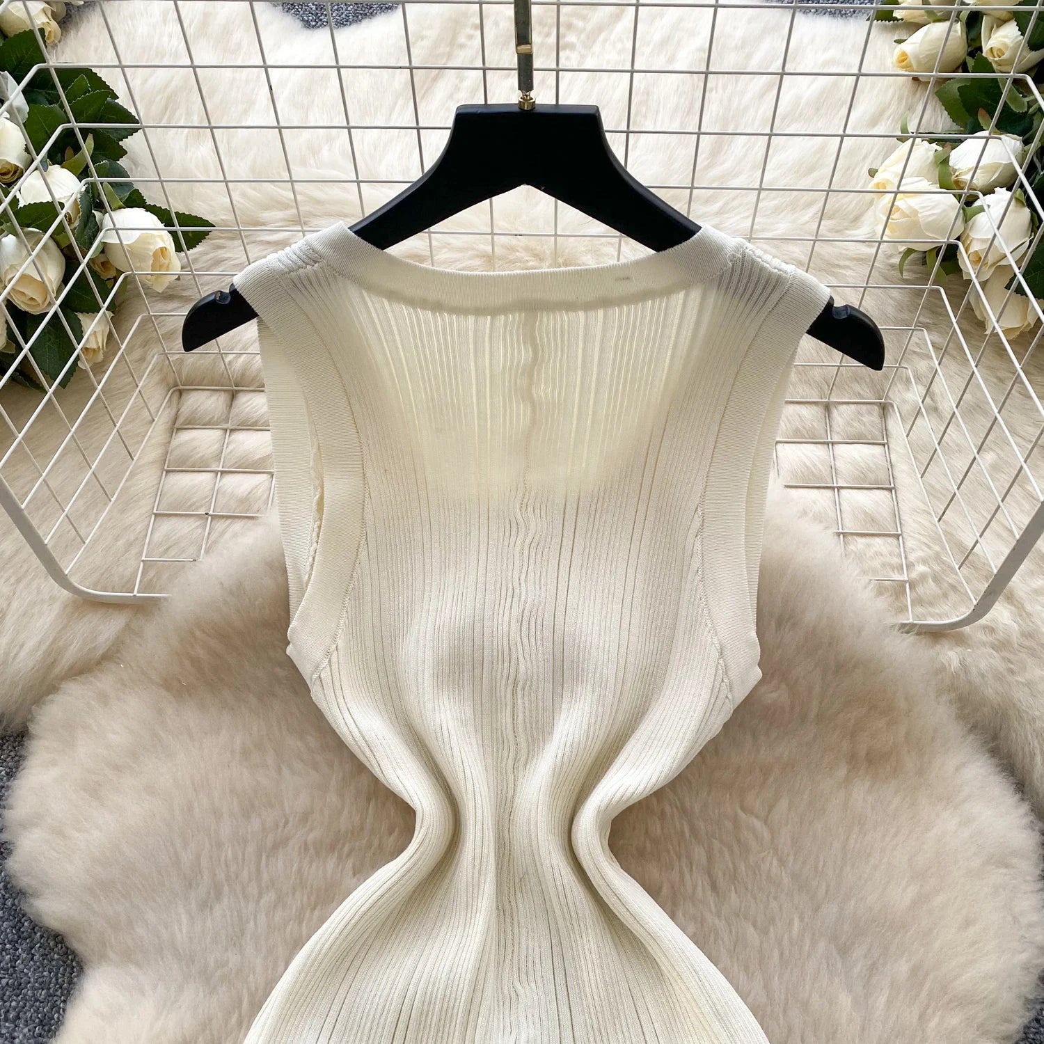 Elegant Office Lady Dress O Neck Sleeveless Knitted Bodycon Dress Sundress