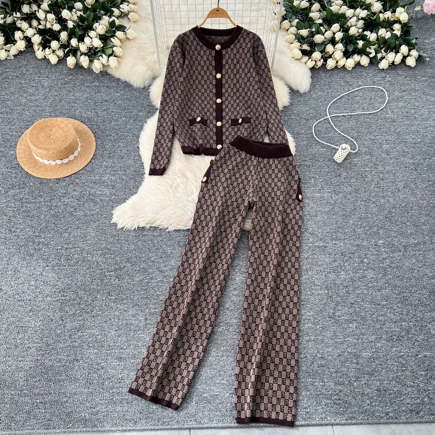 Three Piece Plaid Print Sweater Suits Knit Cardigans+Elastic Long Pants