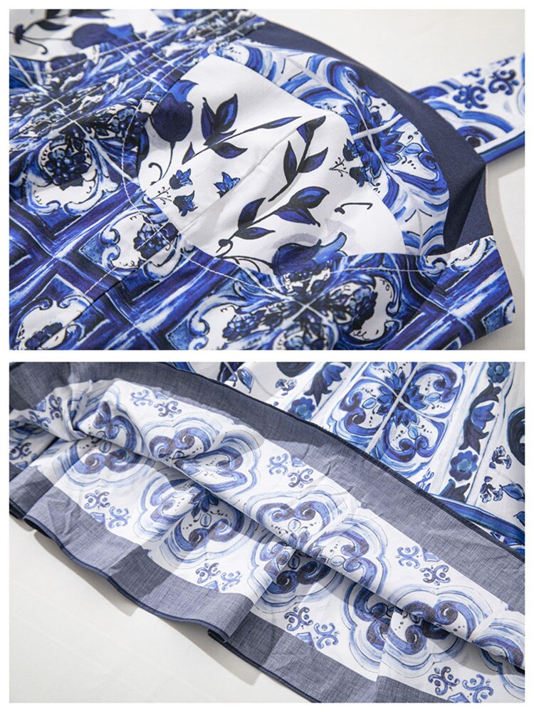 Blue And White Porcelain Flower Print Spaghetti Strap Dress