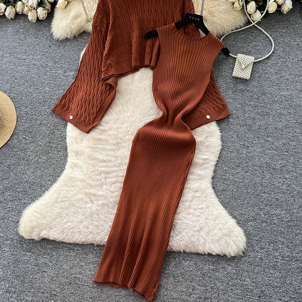 Turtleneck Sweater Suits Batwing Sleeves Short Pullovers+Bodycon Tank Dress Knitted 2Pcs Sets