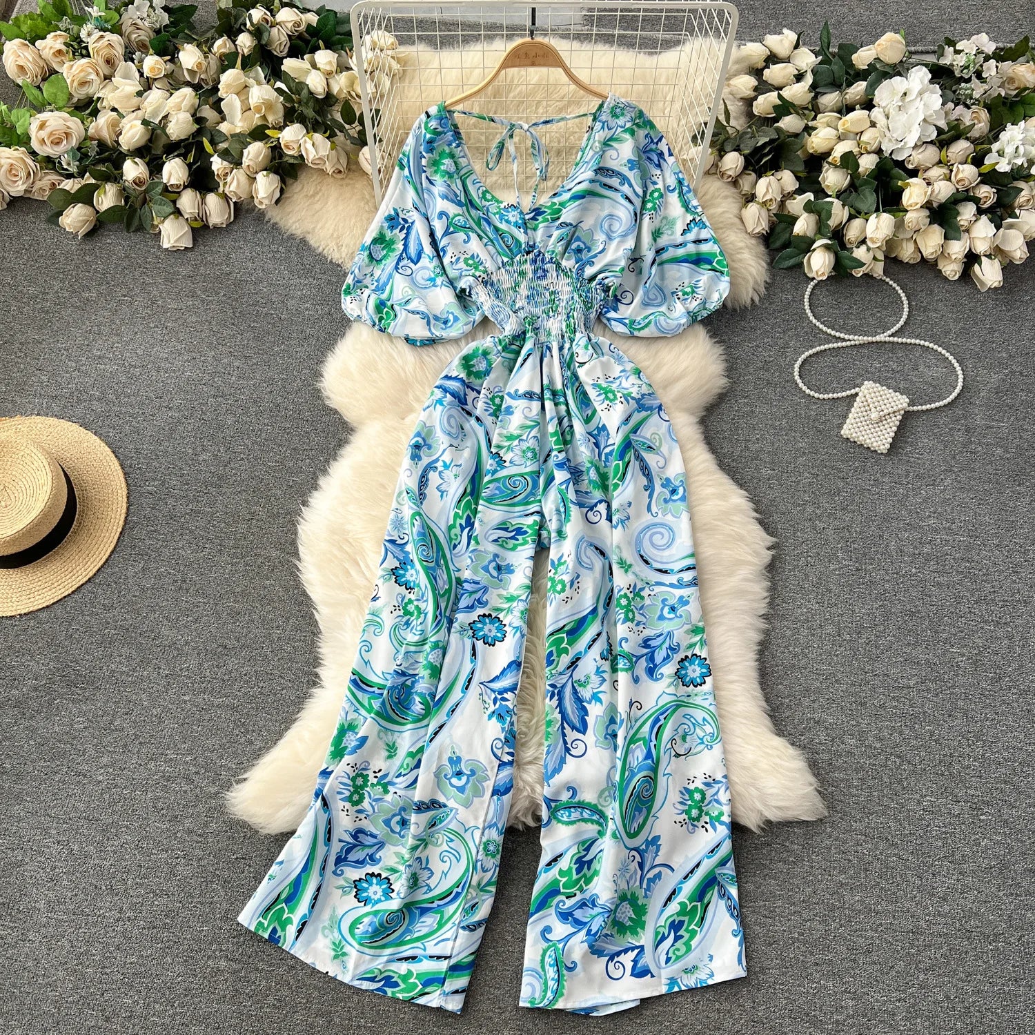 V Neck Dolman Sleeves Floral Print Wide Leg Jumpsuit