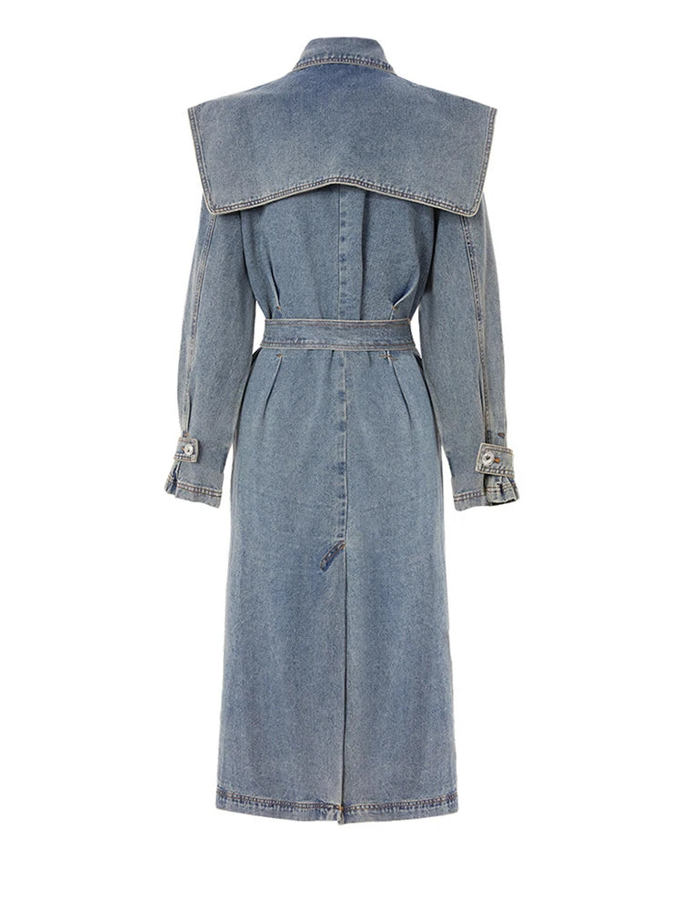 Blue Denim Big Size Long Trench Lapel Long Sleeve Loose Fit Windbreaker