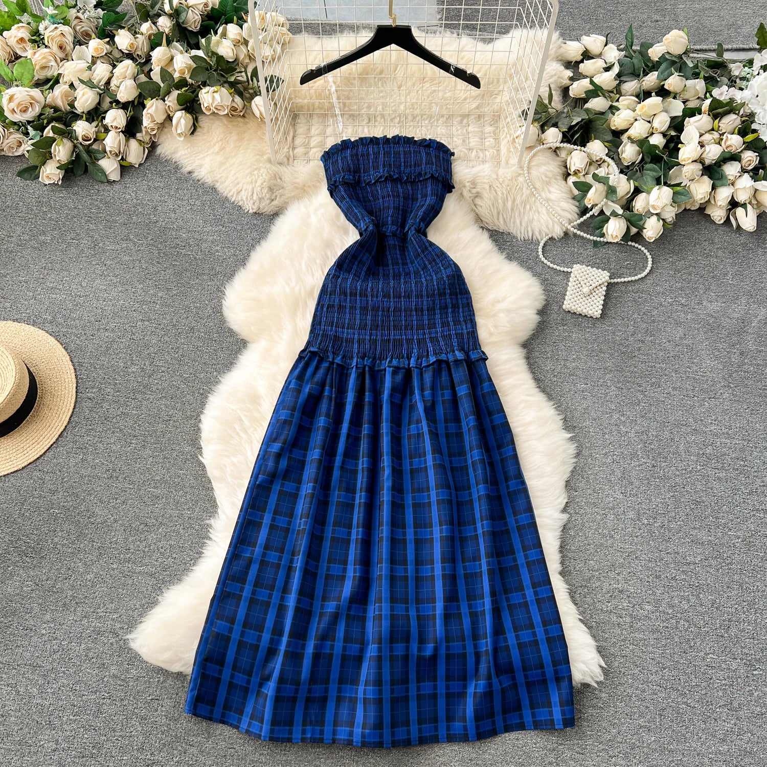 Strap Off Shoulder Sleeveless Elastic Slim Fit Temperament Split Plaid Dresses