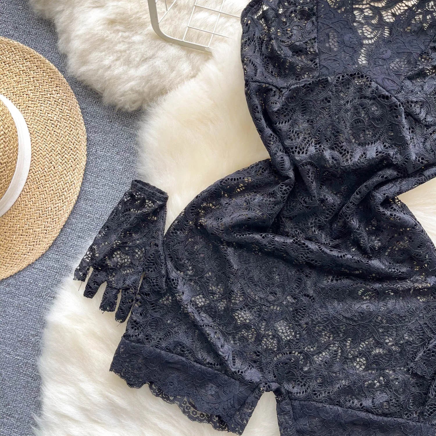 Hollow Out Lace Sleeveless Mesh Playsuit Bodysuit