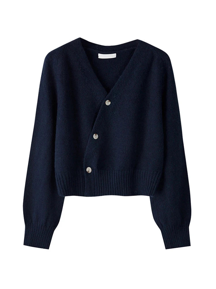 Autumn Winter Skew Button Cardigan V-neck Sweater Knitted Long Sleeve Tops Korean Loose Solid Cashmere Sweater