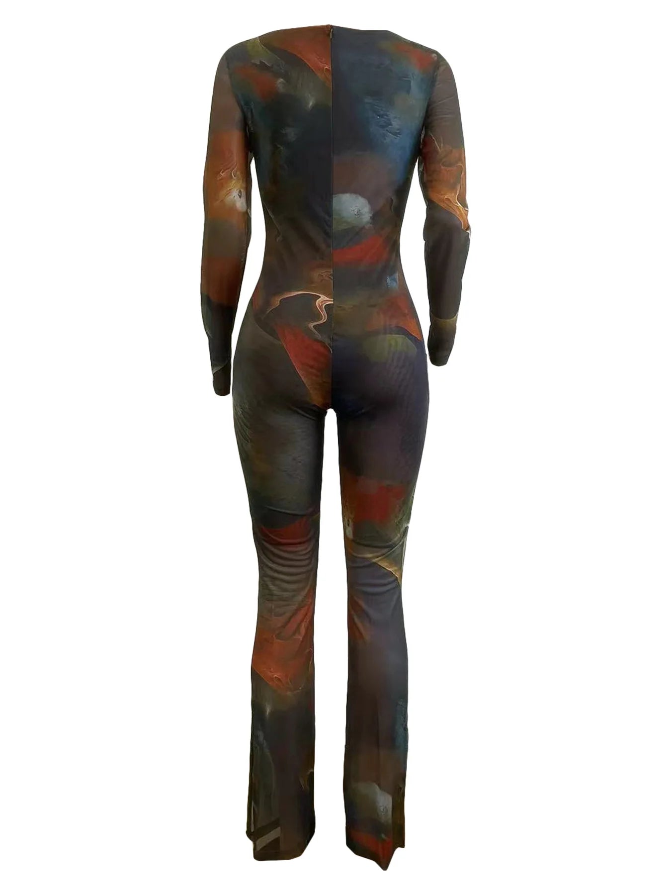 Tie Dye Print Mesh Long Sleeve Bodycon Overalls Jum[psuit