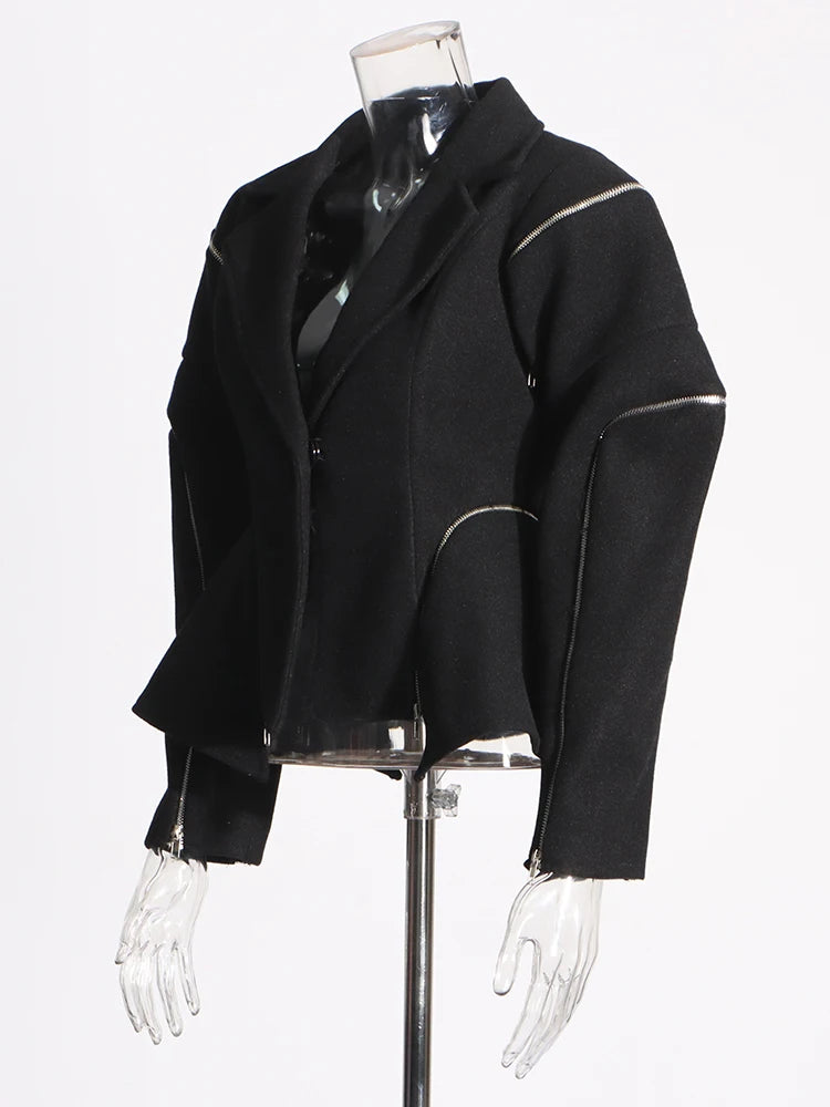 Patchwork Zipper Long Sleeve Spliced Button Temperament Coat