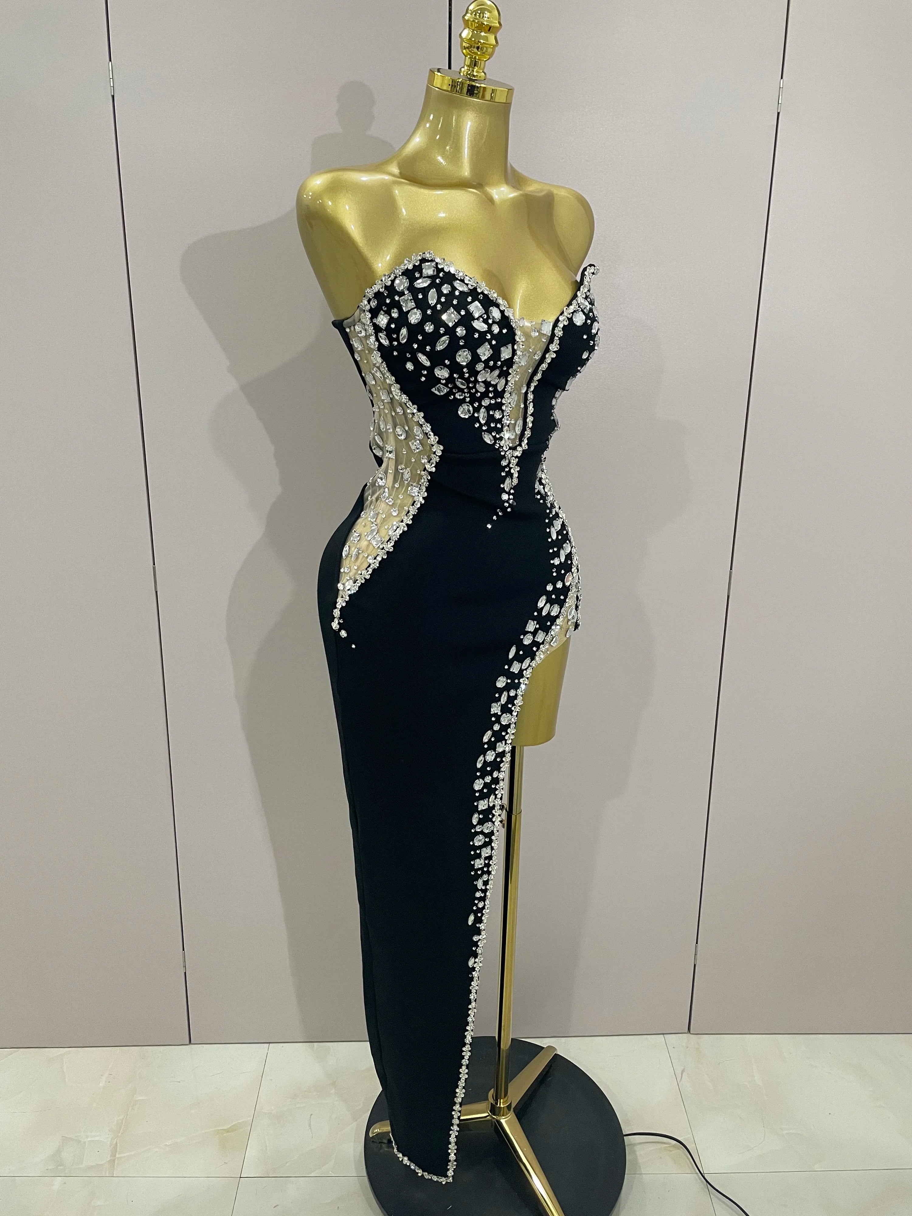 Strapless Shinning Rhinestones Bodycon Bandage Long Dress