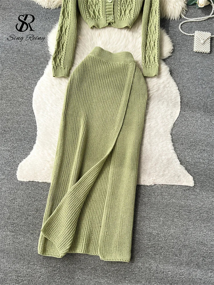 Warm Knit Sets Twist Drill Short Sweater Tops+High Waist Side Split Long Skirt Set